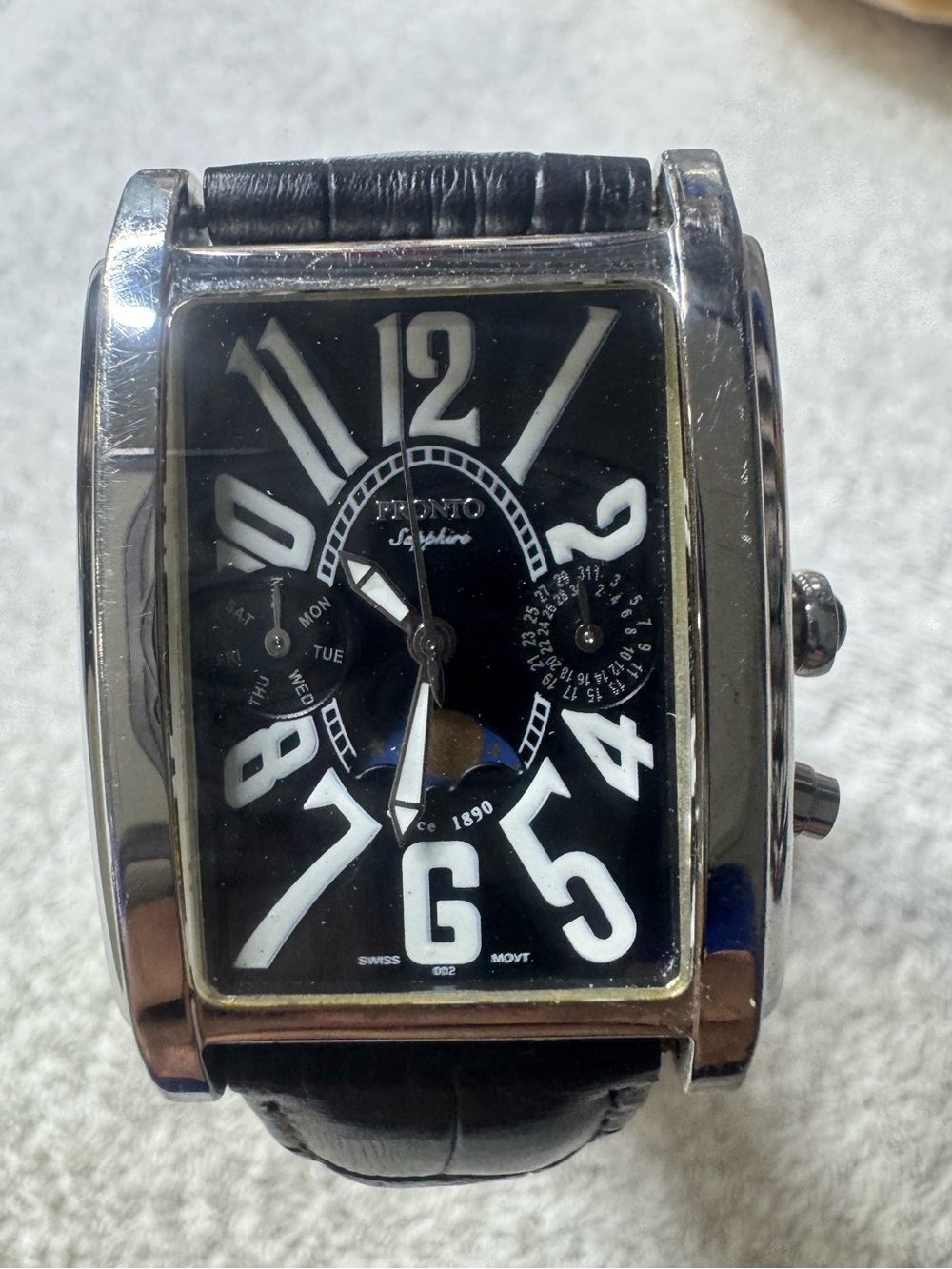 Pronto Sapphire Black Dial Leather Strap Watch
